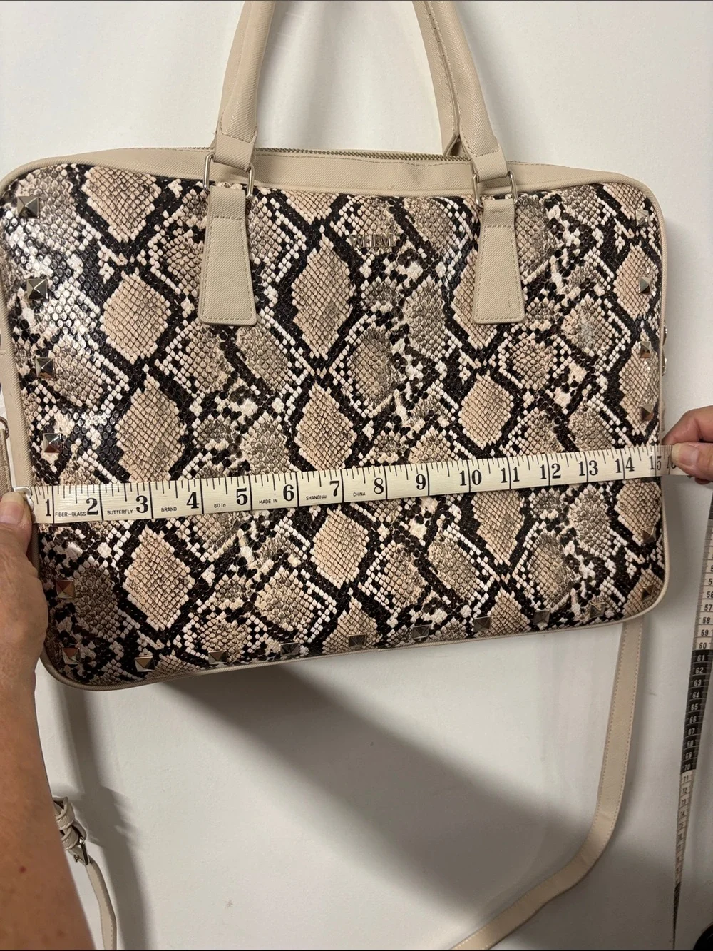 White House Black Market Snake-Print Laptop Tote in Beige and Black